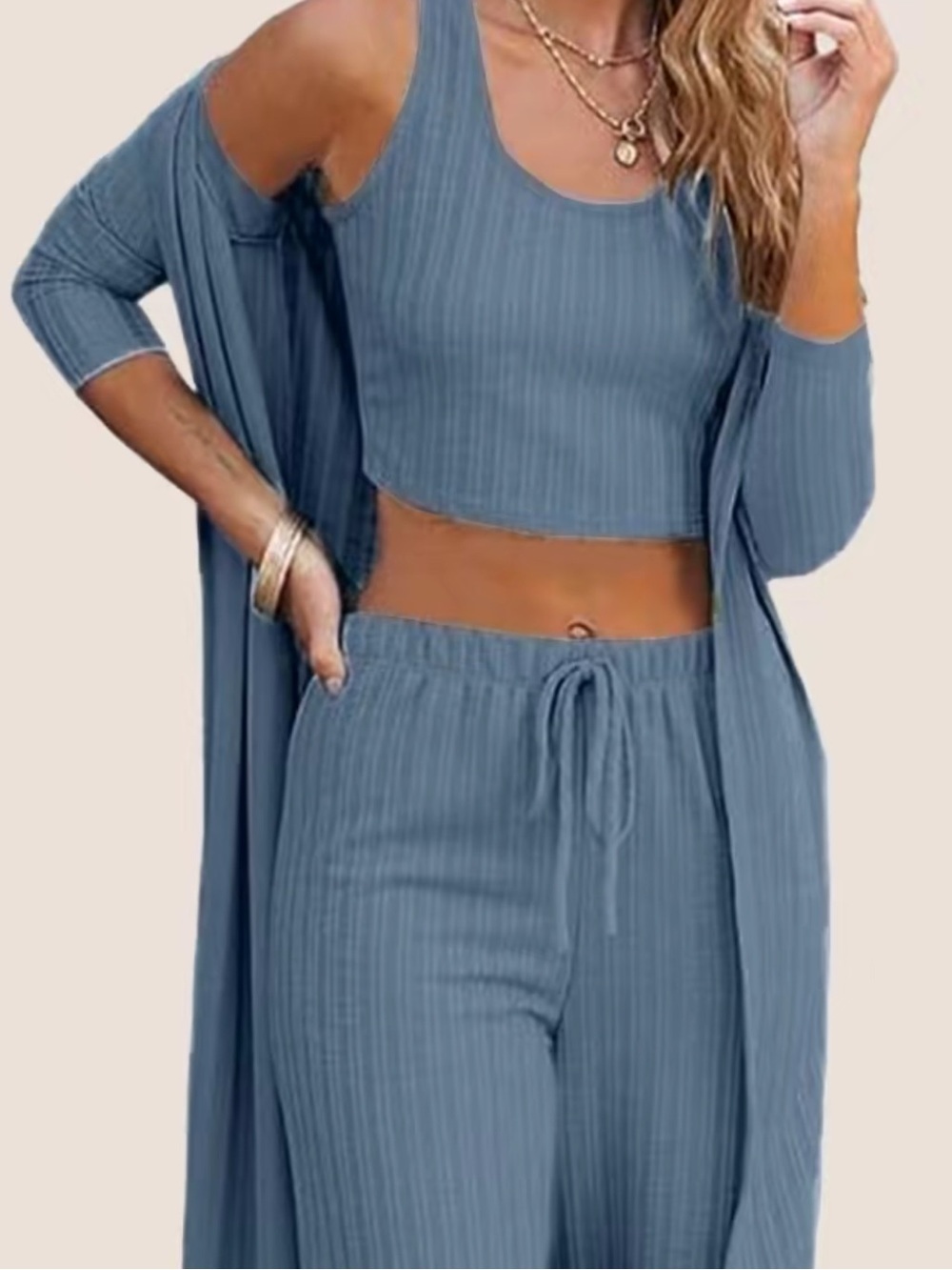 3-Piece Ribbed Lounge Set in Dusty Blue small NEW 🆕 wide leg lounge pants, tank